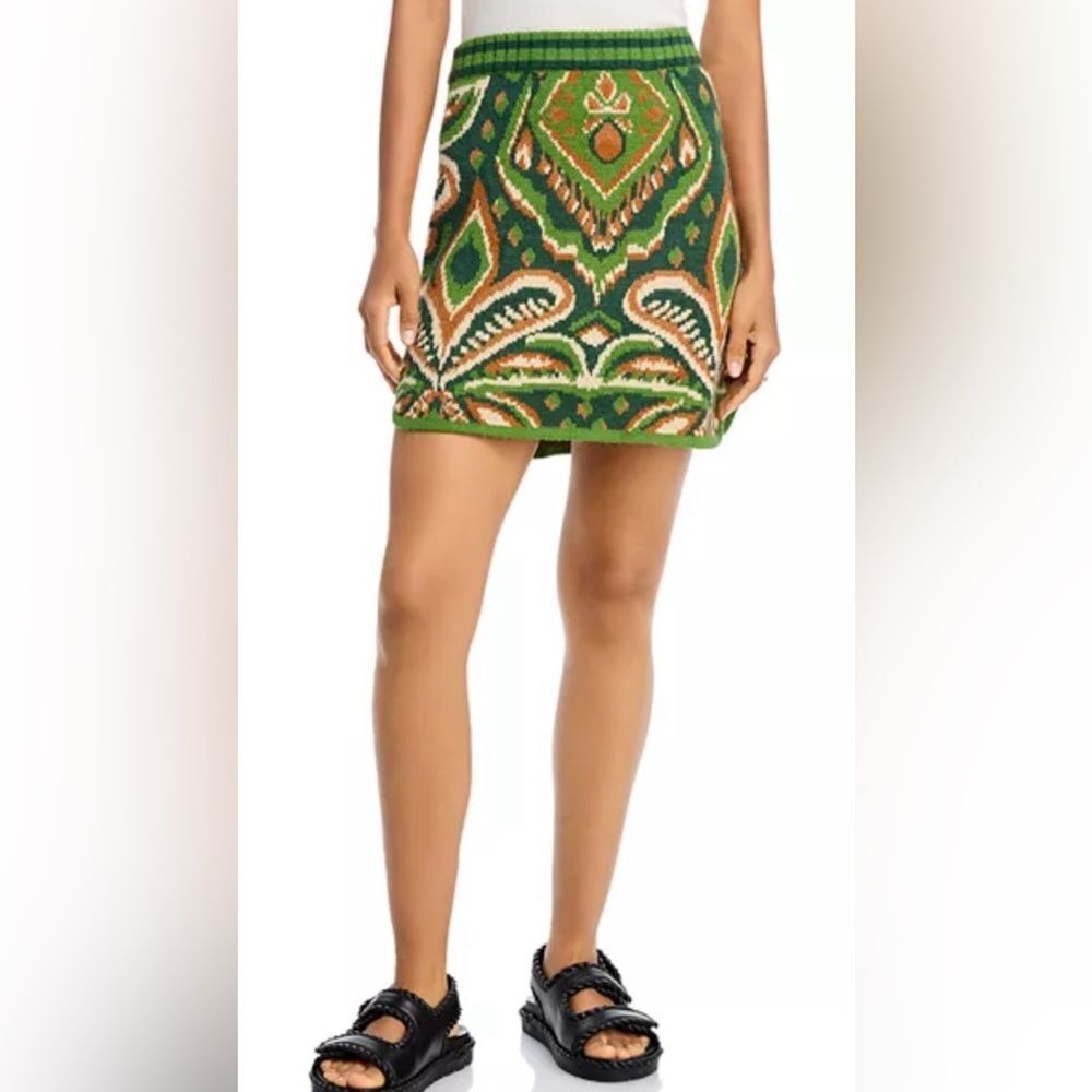 Farm Rio Pineapple Ikat Sweater Skirt Green Jacquard Mini Boho Tropical Knit XS